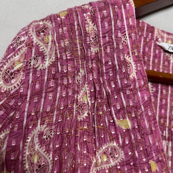 Zara Pink Paisley Cotton V Neck Ballon Sleeve A Line Kaftan Midi Dress Size M - Picture 5 of 13